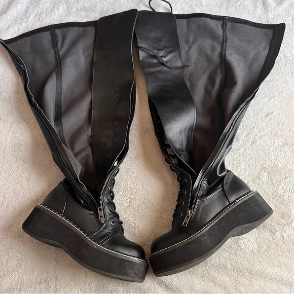 Demonia Emily 375 Stretch Vegan Leather Platform Lace-Up Thigh High 24-Eye Boots - Picture 7 of 16